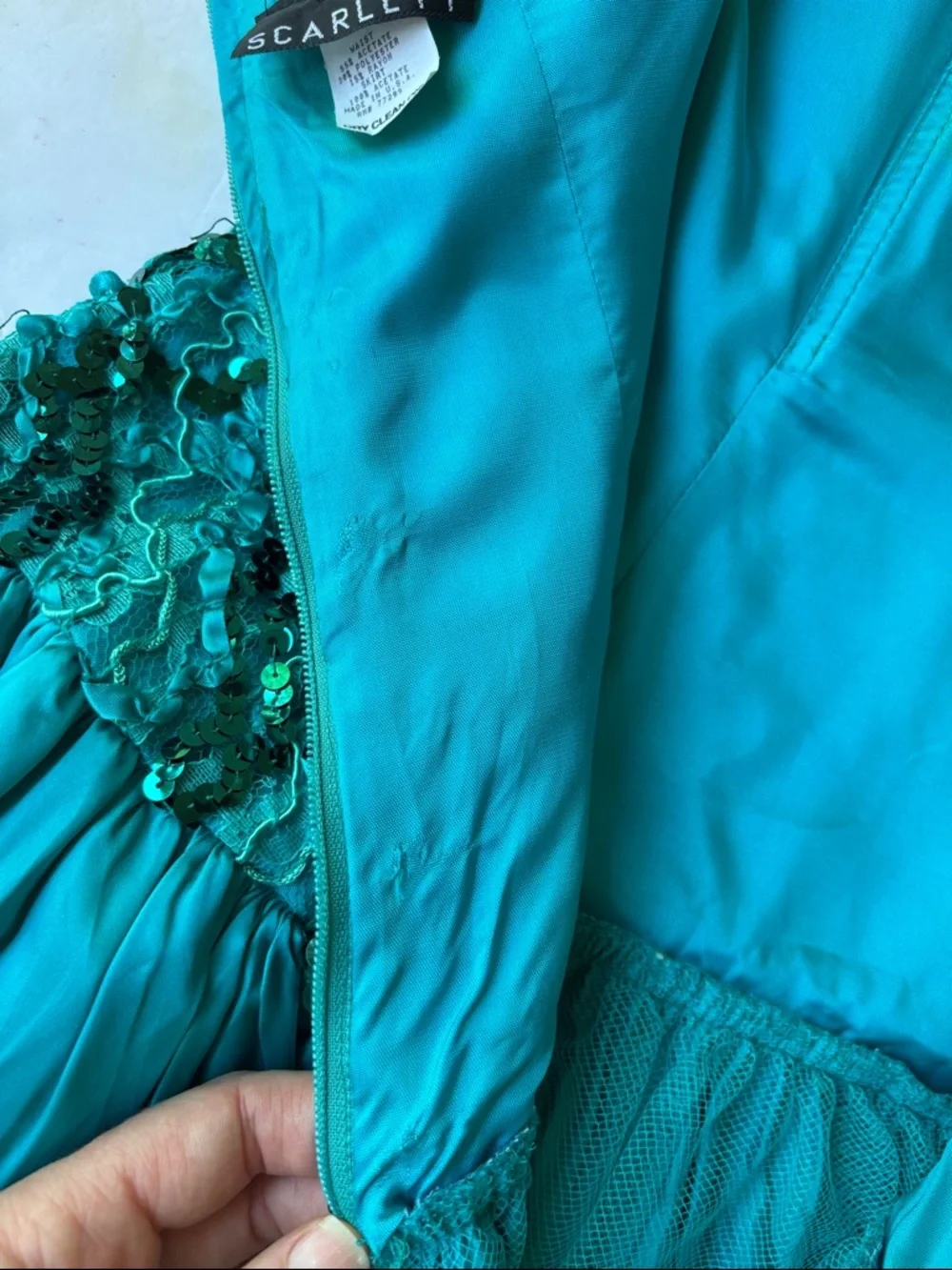 Vintage 80’s Sequin Party Dress Teal Bow Halter Bow Dropwaist Cocktail Dance 90’ - Picture 17 of 17